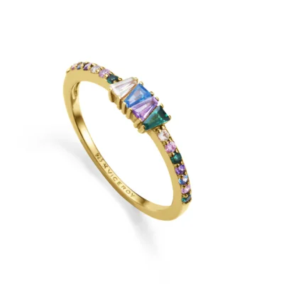 Sortija plata de ley bañada en oro con circonitas multicolor