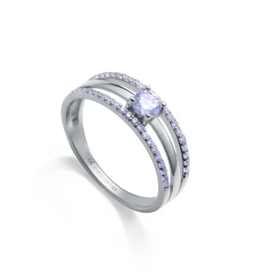 Sortija plata de ley rodiada con dos filas de circonitas y centro liso con piedra circonita