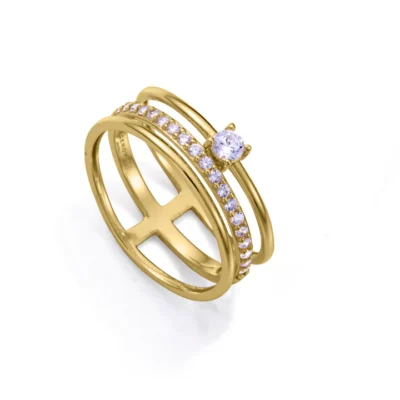 Sortija plata de ley bañada en oro con triple aro