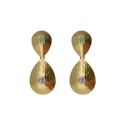Pendientes largos textura gota Bruma con cristal violeta en Plata baño Oro
