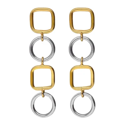 Pendientes largos bicolor círculo y cuadrado Nivola en Plata baño Oro y Rodio