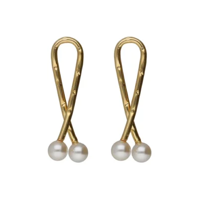 Pendientes largos Victoria Cruz lazo con perla en Plata bañado en oro