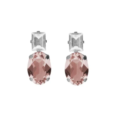 Pendientes cortos oval con cristal en Plata baño Rodio rosa vintage