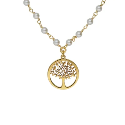 Collar corto árbol de la vida Sera con perla en Plata baño Oro
