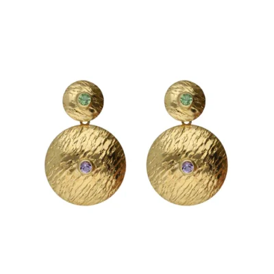 Pendientes largos textura círculo Bruma con cristal violeta en Plata baño Oro